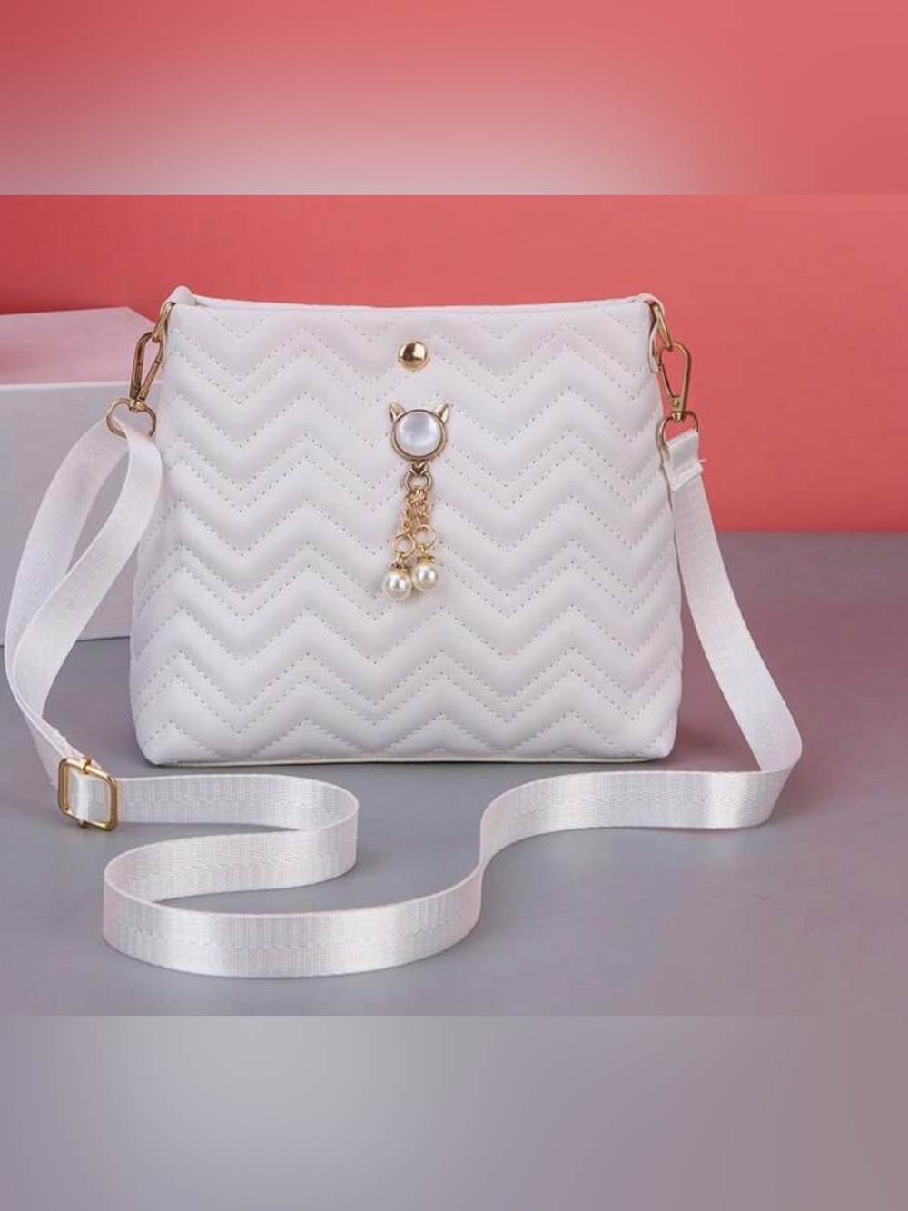 White Crossbody Bag with Pearl Tassel